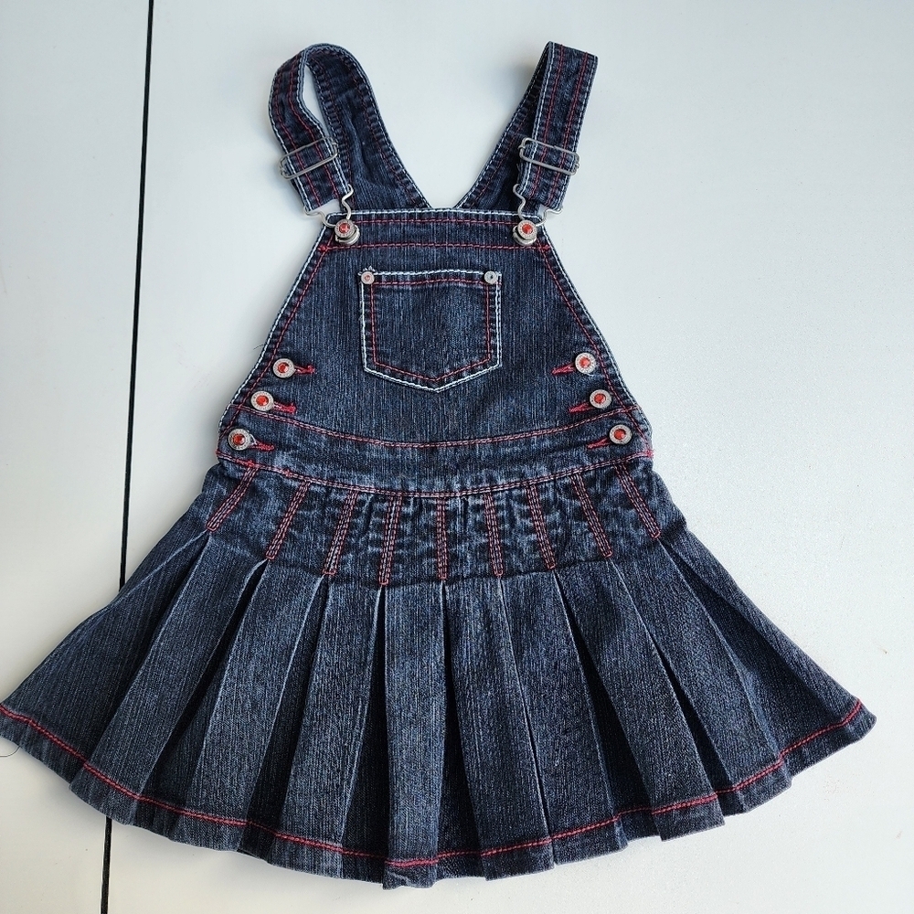 Dark Blue Denim Overalls with Pleated Skirt and Adjustable Straps